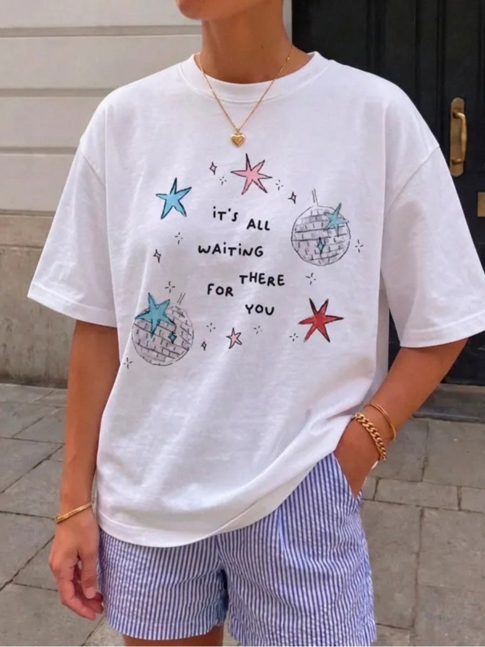 White Star with Disco Ball Graphic Tee, Classic outfit